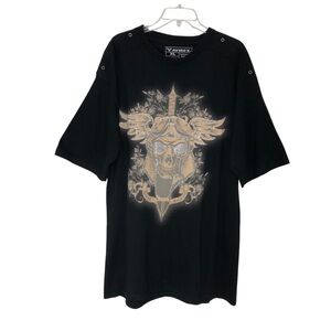 Avirex Cotton Black Tan Studded Skull Winged Shoulder Rivet Oversized T-shirt XL
